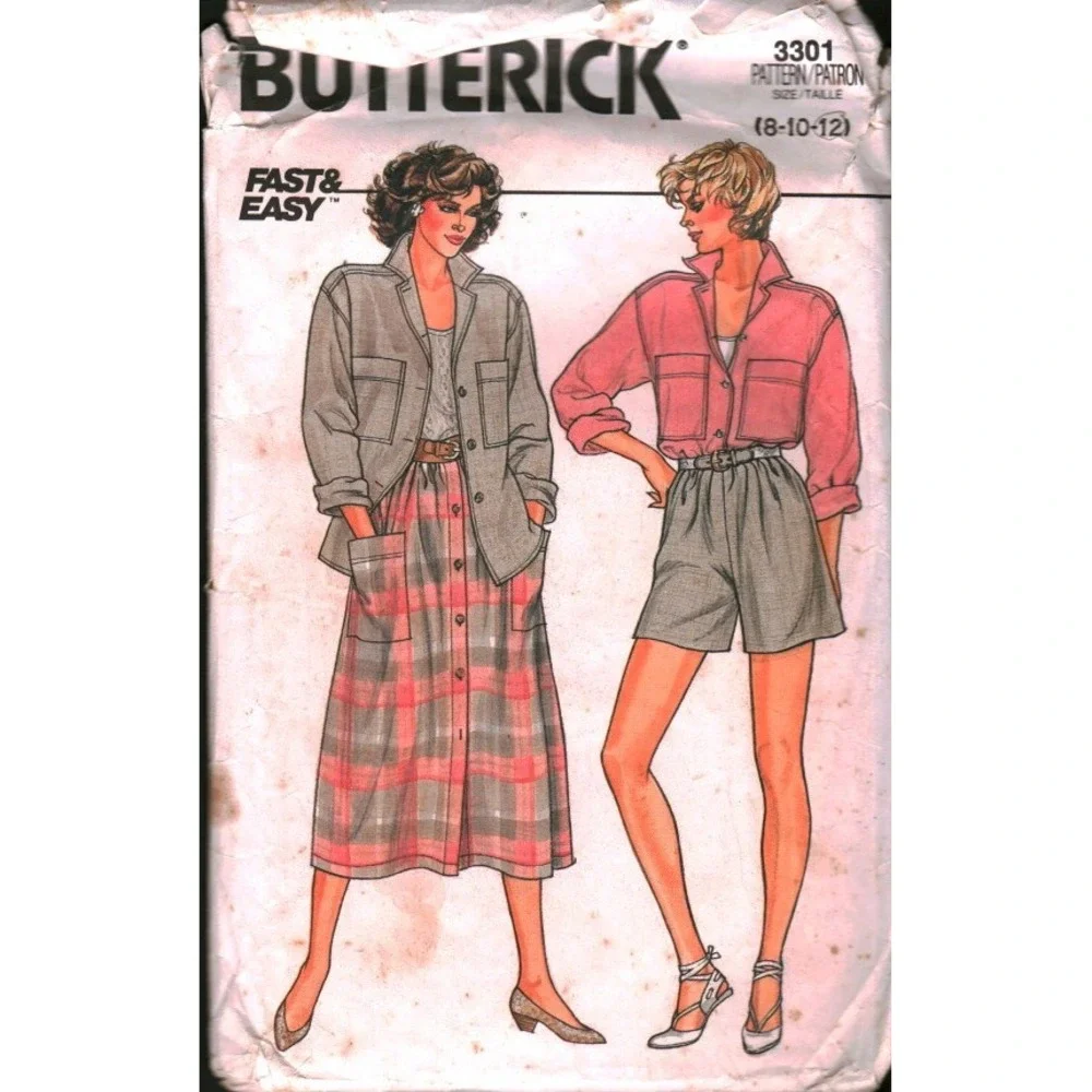 Vintage Butterick 3301 Sewing Pattern Misses Shirt Skirt Shorts Size 8-10-12 CUT